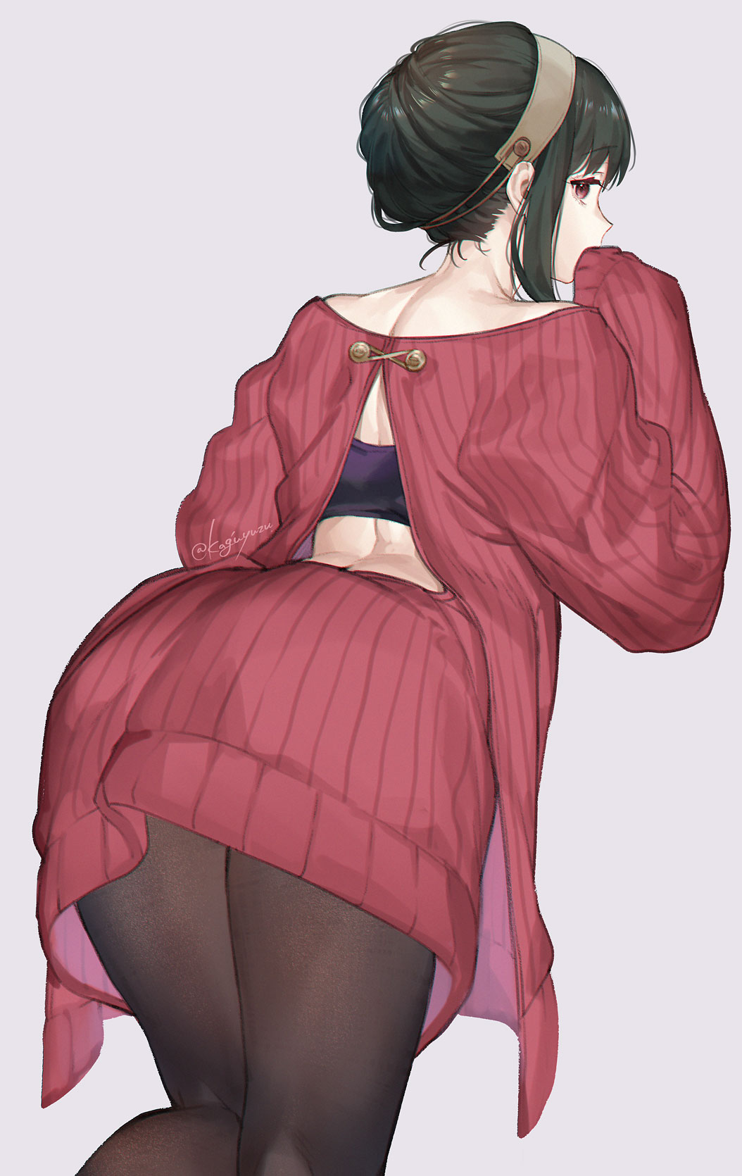 1girl ass back bangs bare_shoulders black_hair blush breasts hairband highres kaguyuzu large_breasts long_hair long_sleeves looking_at_viewer looking_back red_eyes sidelocks solo spy_x_family thighs yor_briar