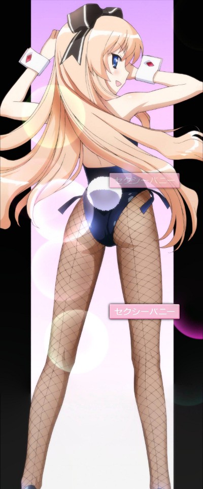 ass blonde_hair blue_eyes bunny_tail bunnysuit fishnet_pantyhose fishnets long_hair looking_back mayoi_neko_overrun! pantyhose stitch stitched tail umenomori_chise