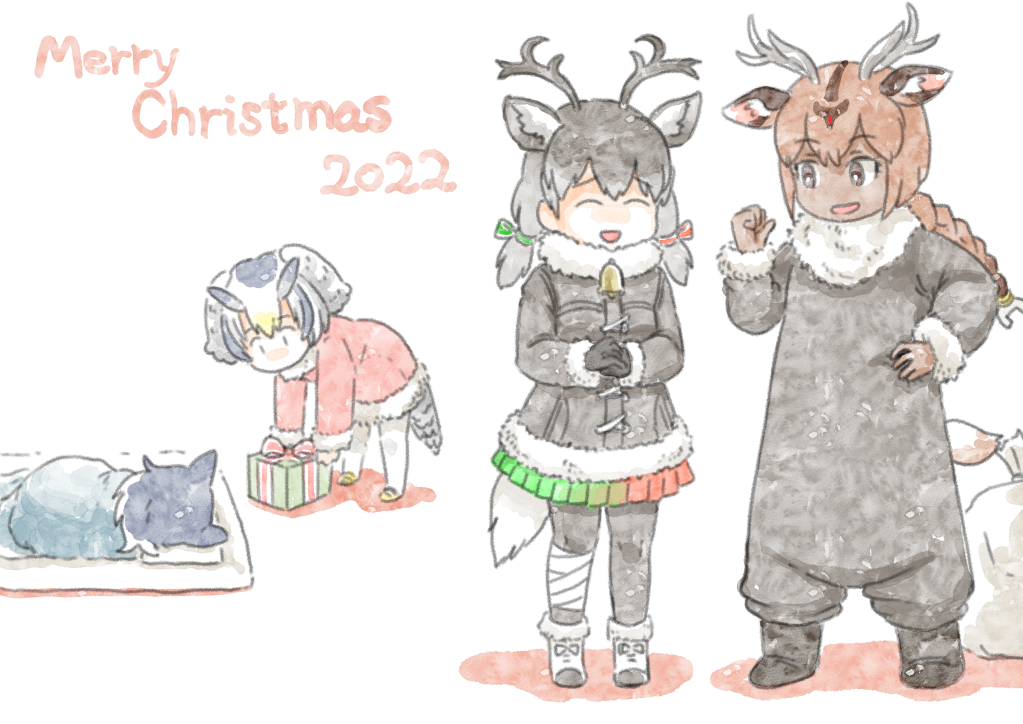 4girls ^_^ aged_down animal_ears antlers axis_deer_(kemono_friends) bandaged_leg bandages bangs bell bent_over bird_tail black_hair blonde_hair box braid braided_ponytail brown_eyes brown_hair child christmas closed_eyes coat colored_inner_hair commentary_request dark-skinned_female dark_skin deer_antlers deer_ears deer_girl deer_tail extra_ears female_child fur-trimmed_sleeves fur_collar fur_trim furrowed_brow gift gift_box gloves grey_hair grey_wolf_(kemono_friends) jacket jingle_bell kemono_friends long_braid long_hair long_sleeves looking_at_another lying medium_hair merry_christmas mountainous_horizon multicolored_hair multiple_girls murakami_kou_(raye) neck_bell northern_white-faced_owl_(kemono_friends) on_side open_clothes owl_ears owl_girl own_hands_together pantyhose red_hair reindeer_(kemono_friends) reindeer_antlers reindeer_girl shoes single_braid skirt sleeping smile tail twintails two_side_up white_hair wolf_ears