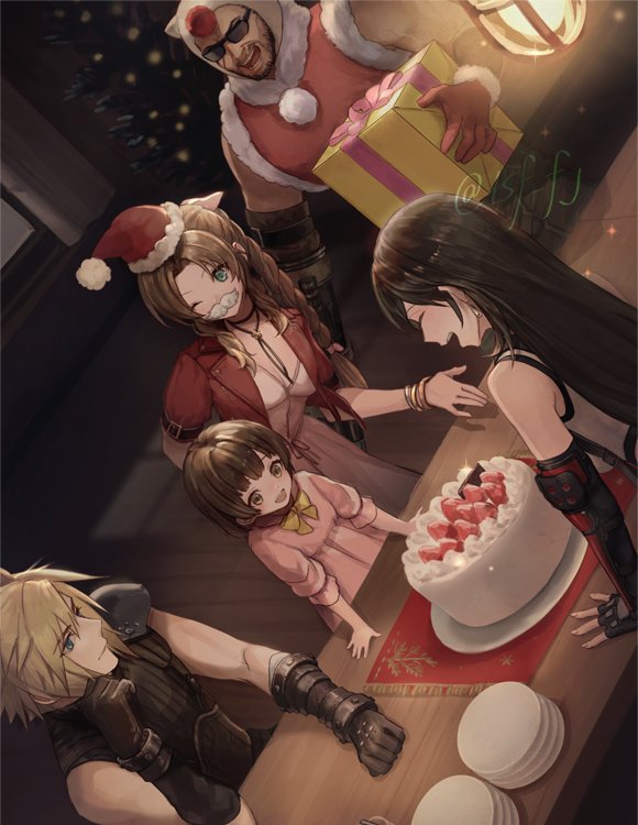 2boys 3girls aerith_gainsborough animal_hood armor bangle bangs bare_shoulders barret_wallace beard belt black_bra black_gloves black_hair blonde_hair blue_eyes blunt_bangs bow box bra bracelet braid braided_ponytail breasts brown_eyes brown_hair cake choker christmas christmas_cake christmas_tree cleavage closed_eyes cloud_strife counter cropped_jacket dark-skinned_male dark_skin dress dress_bow earrings elbow_gloves elbow_pads facial_hair fake_facial_hair fake_mustache father_and_daughter female_child final_fantasy final_fantasy_vii final_fantasy_vii_remake fingerless_gloves flower_choker food fruit fur-trimmed_gloves fur-trimmed_headwear fur-trimmed_vest fur_trim gift gift_box gloves green_eyes hair_between_eyes hair_ribbon hand_to_own_face hat holding holding_box holding_gift hood indoors jacket jewelry leaning_forward long_hair looking_at_another marlene_wallace medium_breasts moogle multiple_boys multiple_girls muscular muscular_male one_eye_closed open_mouth parted_bangs pink_dress pink_ribbon plate red_gloves red_headwear red_jacket red_vest ribbon santa_hat sasanomesi scar scar_on_cheek scar_on_face shirt short_hair short_sleeves shoulder_armor sidelocks single_bare_shoulder sleeveless sleeveless_turtleneck smile spiked_hair sports_bra straight_hair strawberry sunglasses suspenders table tifa_lockhart turtleneck twitter_username underwear upper_body vest wavy_hair white_shirt wooden_floor yellow_bow