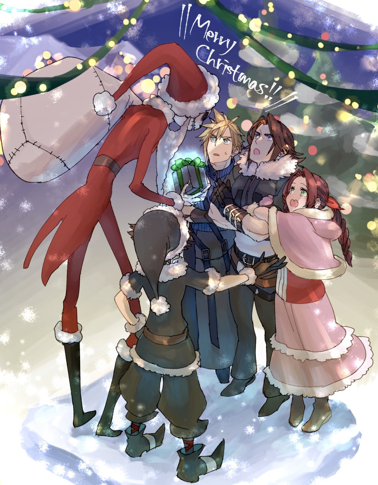 1girl 4boys aerith_gainsborough alternate_costume aqua_eyes arm_strap bag bangs belt black_footwear black_gloves black_headwear black_jacket black_pants blue_eyes blue_shirt boots box braid braided_ponytail brown_footwear brown_hair capelet christmas christmas_lights christmas_tree cloud_strife crossed_arms dress facing_another fake_beard fake_facial_hair final_fantasy final_fantasy_vii final_fantasy_vii_advent_children final_fantasy_viii fur-trimmed_capelet fur-trimmed_gloves fur-trimmed_jacket fur_trim gift gift_box gloves green_eyes hair_between_eyes hair_ribbon hand_on_hip hat height_difference highres holding holding_another's_arm holding_bag holding_gift jack_skellington jacket kingdom_hearts kingdom_hearts_ii long_hair long_sleeves looking_at_another medium_hair merry_christmas multiple_boys official_alternate_costume open_mouth pants parted_bangs pink_capelet pink_dress pointy_footwear red_headwear red_jacket red_ribbon ribbon ryouto santa_costume santa_hat scar scar_on_face scar_on_forehead shirt short_hair short_sleeves skeleton snow snowing sora_(kingdom_hearts) spiked_hair squall_leonhart streamers sweatdrop the_nightmare_before_christmas toned toned_male waist_cape winter_clothes
