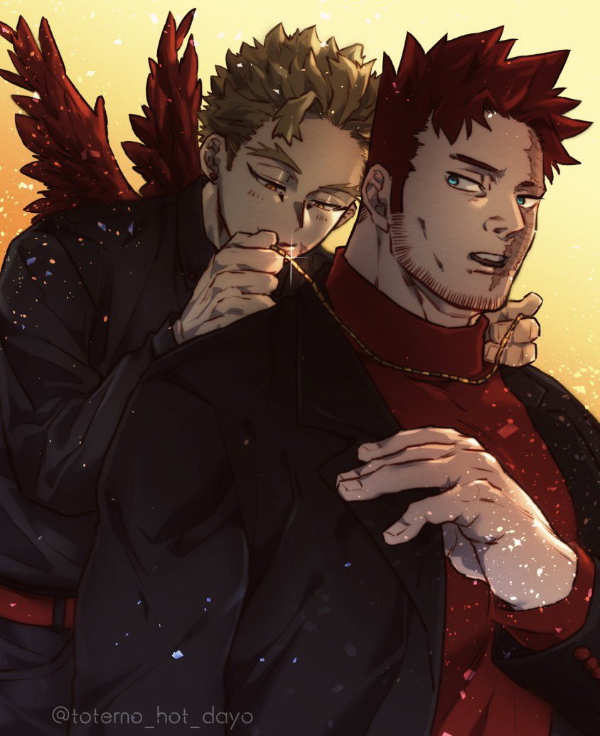 2boys alternate_costume bara beard black_jacket blonde_hair blue_eyes boku_no_hero_academia couple endeavor_(boku_no_hero_academia) facial_hair feathered_wings flying half-closed_eyes hawks_(boku_no_hero_academia) jacket jewelry large_hands large_pectorals light_particles mahoubin_(totemo_hot_dayo) male_focus mature_male multiple_boys muscular muscular_male necklace open_clothes open_jacket pectorals putting_on_jewelry red_hair red_sweater red_wings scar scar_across_eye short_hair sideburns spiked_hair stubble sweater upper_body wings yaoi