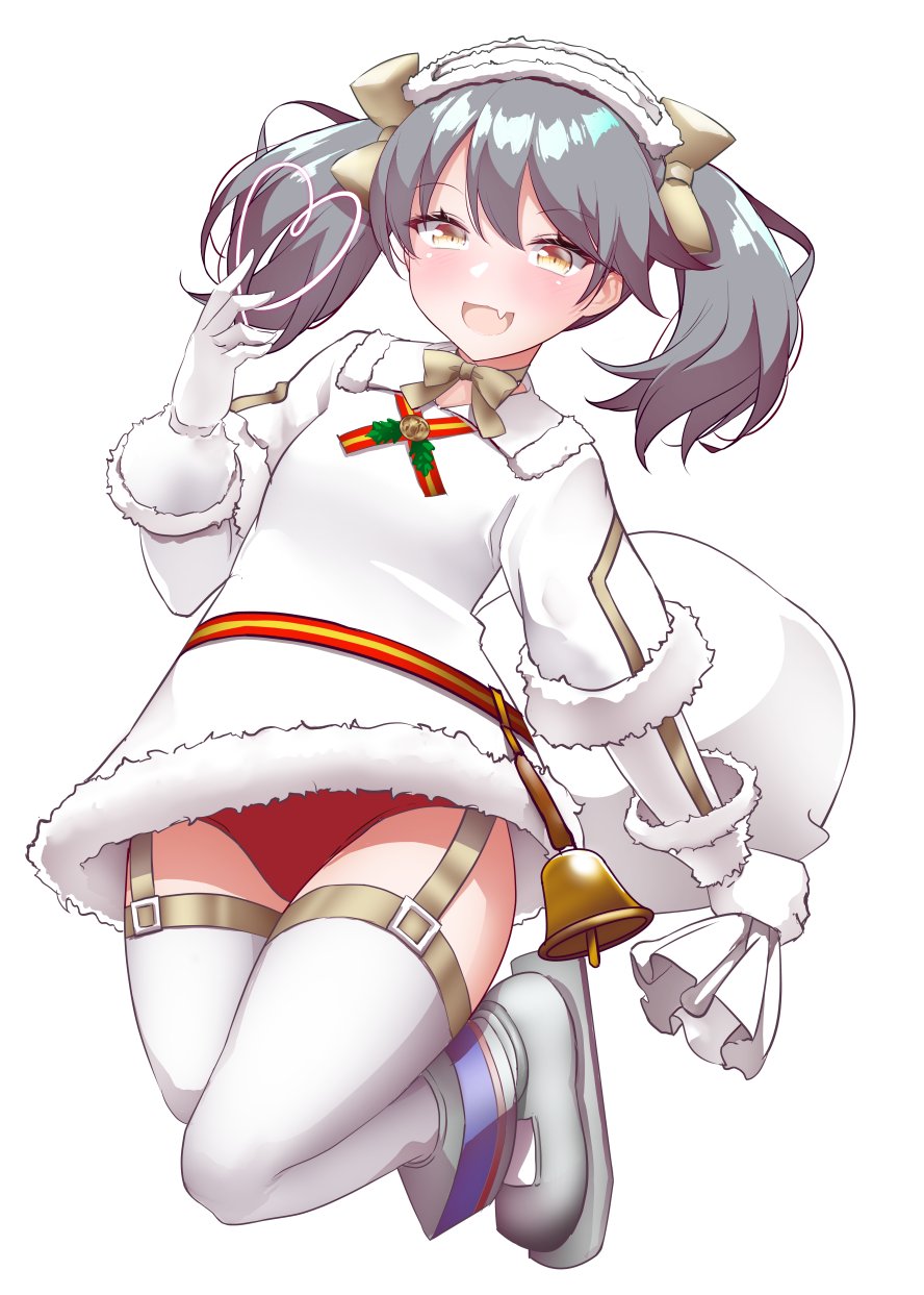 1girl alternate_costume alternate_hair_color belt boots brown_eyes dress fang fur-trimmed_dress fur-trimmed_hairband fur_trim gloves grey_hair hairband highres kantai_collection kirigakure_(kirigakure_tantei_jimusho) panties red_panties ryuujou_(kancolle) sack simple_background skin_fang smile solo thighhighs twintails underwear white_background white_dress white_gloves white_hairband white_thighhighs