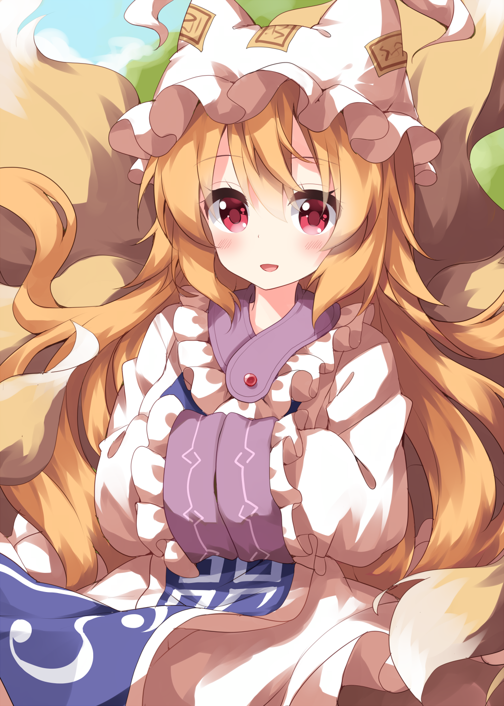 1girl animal_ears blonde_hair blue_tabard dress fox_ears fox_tail frilled_dress frills hands_in_opposite_sleeves happy hat highres junko_(touhou) long_hair long_sleeves multiple_tails one-hour_drawing_challenge open_mouth pillow_hat red_eyes ruu_(tksymkw) solo tabard tail tassel touhou very_long_hair white_dress white_headwear yakumo_ran