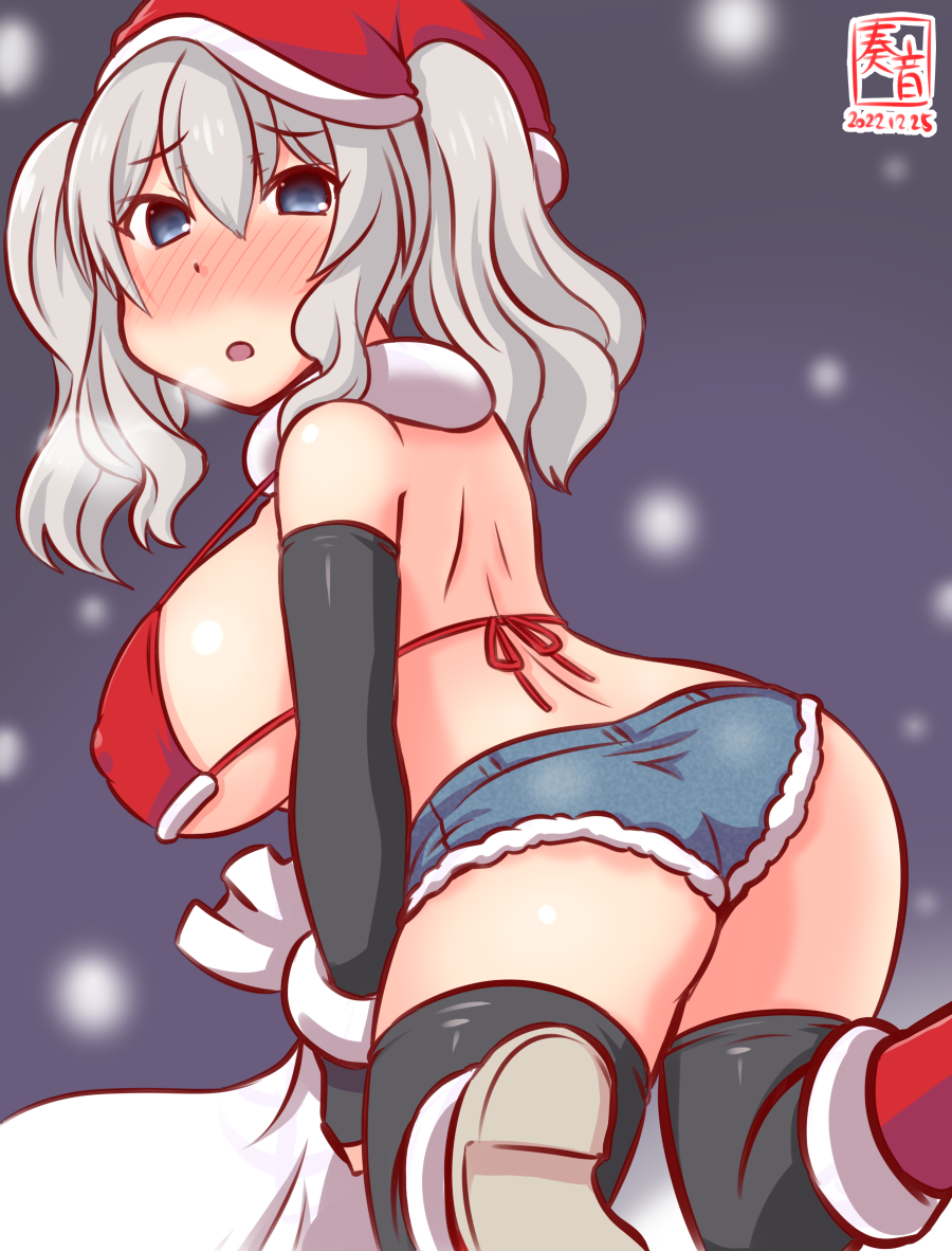 1girl alternate_costume artist_logo bikini black_thighhighs blue_eyes breasts dated grey_hair hat kanon_(kurogane_knights) kantai_collection kashima_(kancolle) large_breasts looking_at_viewer night one-hour_drawing_challenge sack santa_hat snow snowing solo swimsuit thighhighs twintails wavy_hair