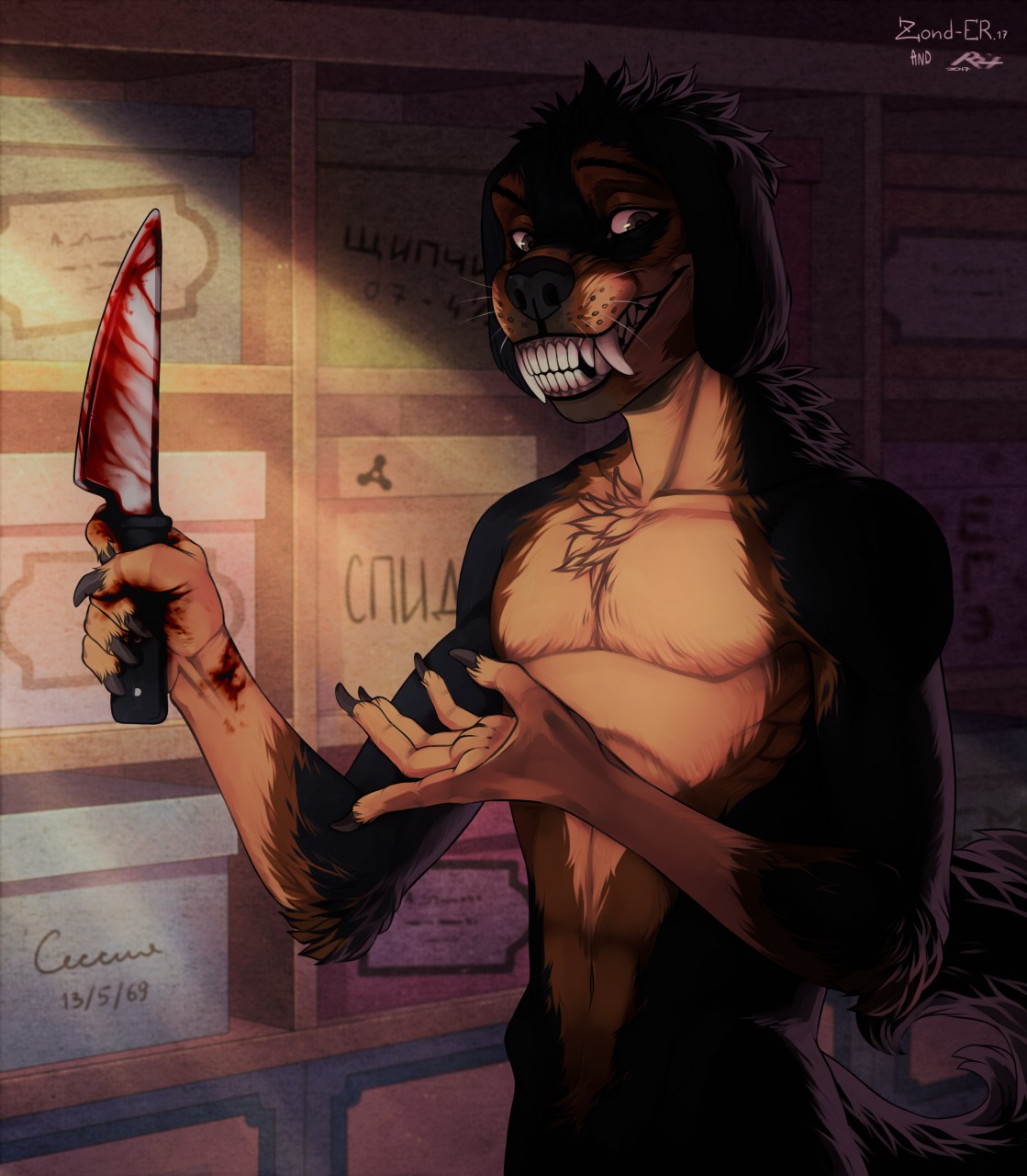 anthro big_fangs black_body black_claws black_fur blood blood_on_arm blood_on_knife bodily_fluids brown_body brown_fur canid chest_tuft claws cyrillic_text elbow_tuft finger_claws floppy_ears fur glistening glistening_eyes grey_eyes grin half-length_portrait head_tuft hi_res holding_knife holding_object inside knife looking_at_viewer male mammal multicolored_body multicolored_fur navel neck_tuft nude portrait riorix signature smile solo standing tan_body tan_fur text translation_request tuft warehouse zond-er