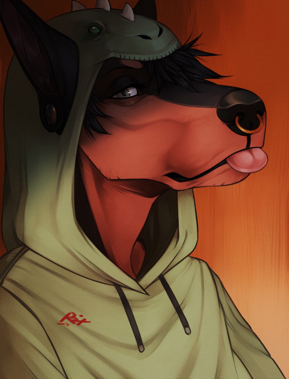 2017 anthro black_body black_fur black_hair blep bust_portrait canid canine canis clothed clothing dated domestic_dog ear_piercing facial_piercing fur gauged_ear green_clothing green_hoodie green_topwear grey_eyes hair hi_res hoodie looking_at_viewer male mammal mouth_closed narrowed_eyes nose_piercing nose_ring orange_body orange_fur piercing portrait red_tongue ring_piercing riorix septum_piercing septum_ring signature simple_background solo tongue tongue_out topwear