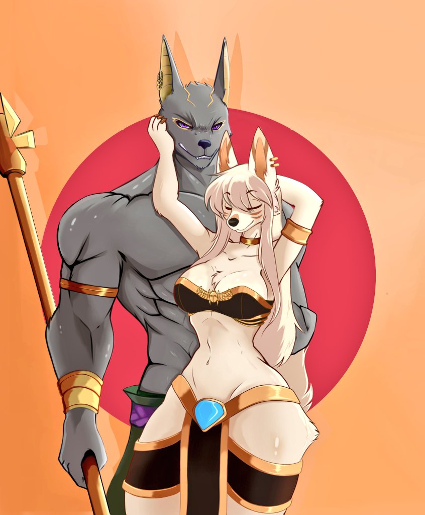 2011 aki_(teranen) anthro anubian_jackal anubis bracelet breasts canid canine canis cleavage clothed clothing crop_top deity dress duo ear_piercing ear_ring egyptian_clothing egyptian_mythology eyebrow_through_hair eyebrows eyes_closed female fur grey_body grey_fur hair hand_behind_head hand_on_cheek jackal jewelry long_hair looking_at_viewer male male/female mammal middle_eastern_mythology midriff muscular muscular_anthro muscular_male mythology narrowed_eyes navel piercing purple_eyes ring_piercing shirt simple_background smile solo staff tan_body tan_fur thick_thighs topless topless_male topwear translucent translucent_hair tuft wide_hips xxjamiepawxx