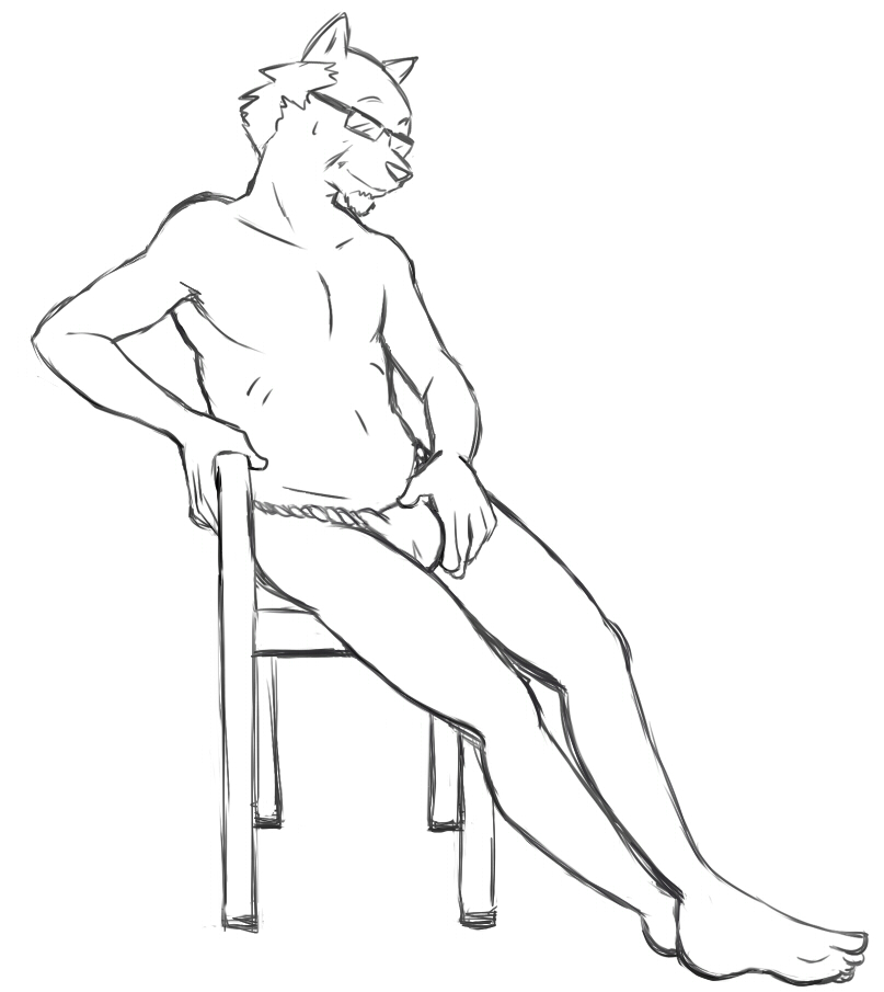 anthro asian_clothing barefoot beard black_and_white bulge chair clothed clothing east_asian_clothing eyewear facial_hair feet fundoshi fundoshi_only furniture glasses hand_on_chair hand_on_leg hand_on_thigh japanese_clothing male monochrome simple_background sitting sketch solo the_boy_and_the_beast thegreatmatsutzu topless underwear underwear_only white_background
