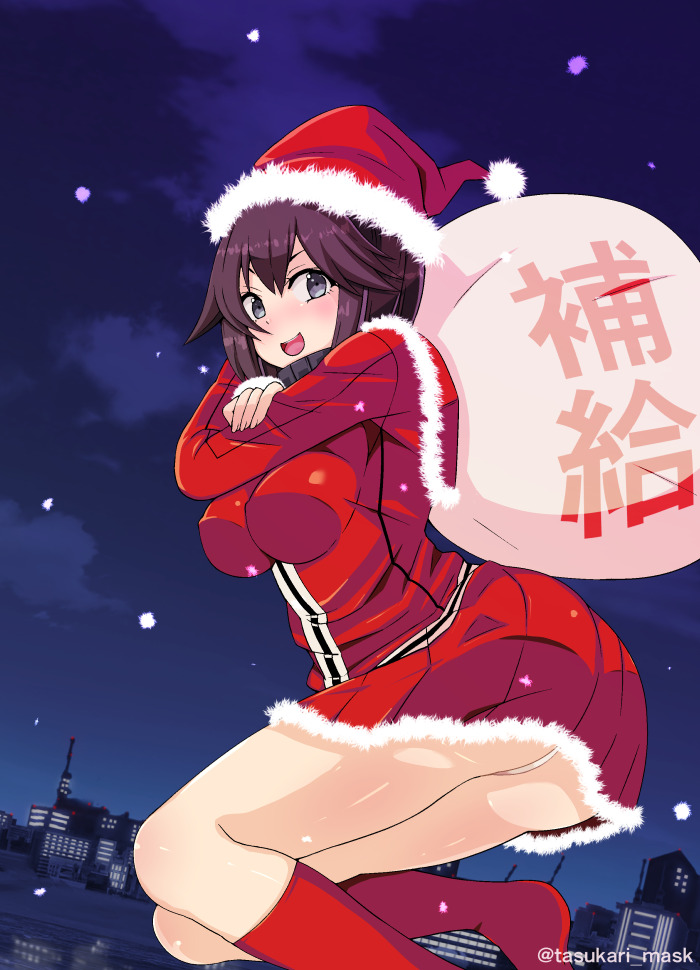 1girl adapted_costume black_hair cityscape cloud dutch_angle fur-trimmed_headwear fur-trimmed_skirt fur_trim grey_eyes hat hayasui_(kancolle) jacket kantai_collection night one-hour_drawing_challenge pleated_skirt red_headwear red_jacket red_skirt sack santa_hat short_hair skirt snow solo tasukari_mask track_jacket translation_request