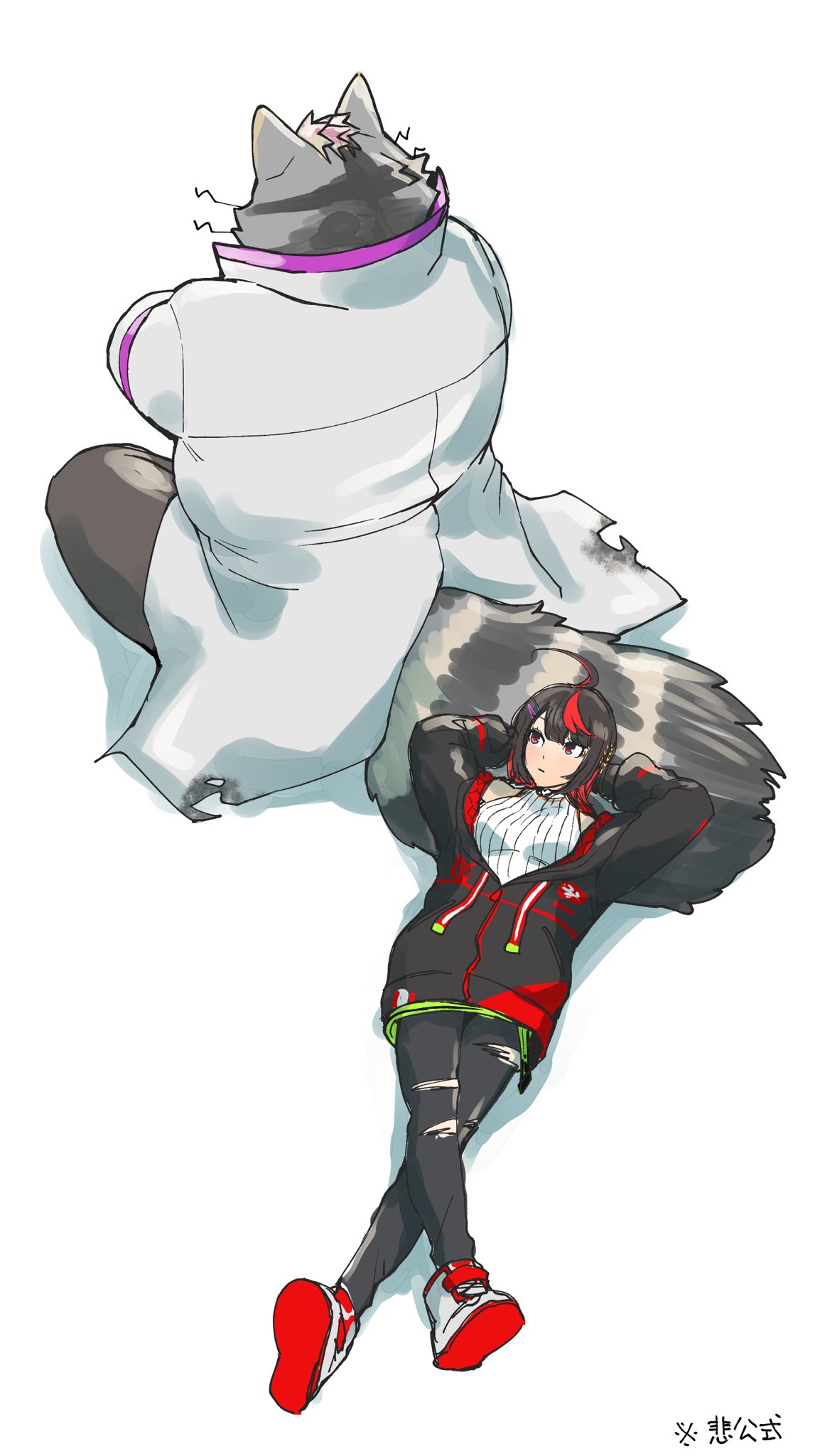 anthro black_hair brown_body brown_fur clothing coat duo female fur hair hi_res human lab_coat lifewonders live-a-hero lying male mammal on_back procyonid raccoon seikeikei2015 sensettia tail_pillow topwear viscunam