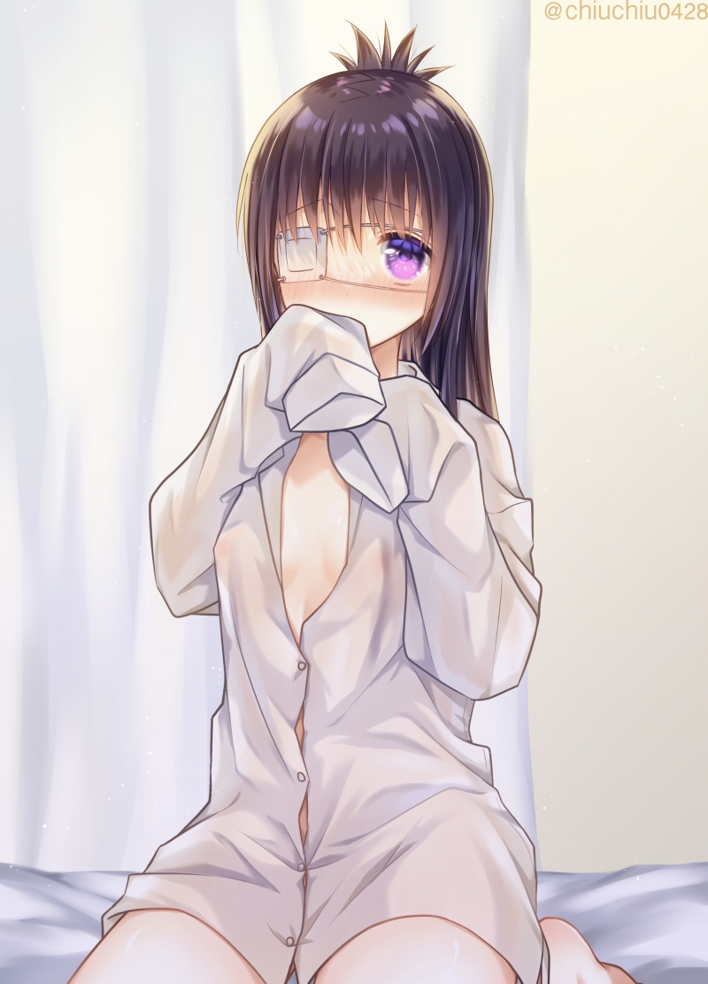 1girl blush breasts chrome_dokuro commentary_request eyepatch hihibi indoors katekyo_hitman_reborn! long_hair looking_at_viewer on_bed oversized_clothes purple_eyes purple_hair shirt small_breasts solo white_shirt