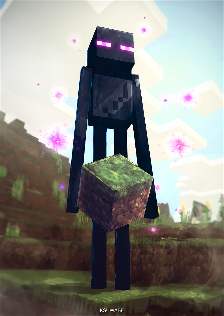 artist_name block blue_sky cloud creature day dirt enderman grass holding k-suwabe minecraft monster no_humans outdoors sky