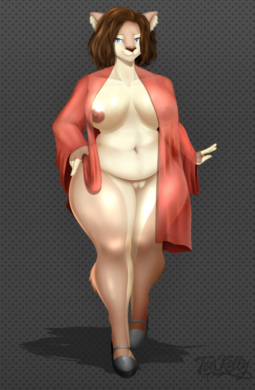 anthro belly big_breasts breasts deer female genitals hi_res huge_breasts mammal mature_female mother overweight parent pussy slightly_chubby smile solo tenkelly thick thick_thighs