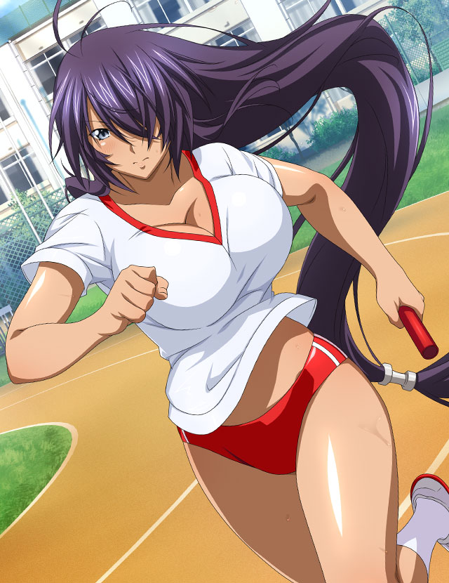 1girl antenna_hair bare_arms bouncing_breasts breasts buruma cleavage closed_mouth collarbone day dutch_angle floating_hair grey_eyes gym_uniform hair_over_one_eye holding ikkitousen kan'u_unchou large_breasts long_hair low-tied_long_hair midriff outdoors purple_hair red_buruma running shiny shiny_hair shiny_skin socks solo sportswear stomach very_long_hair white_socks