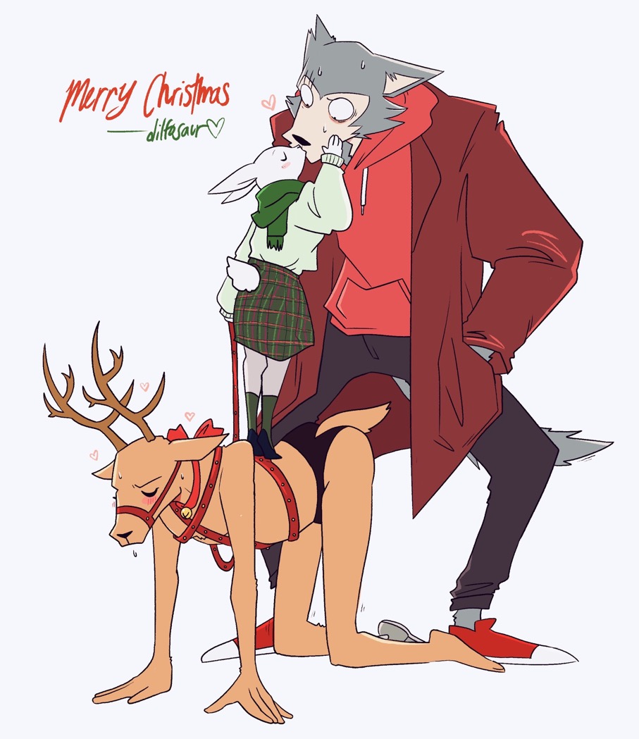 anthro bdsm beastars bell bell_collar canid canine canis capreoline christmas christmas_clothing clothing collar deer dilfosaur embarrassed female group harness haru_(beastars) holidays humiliation kissing lagomorph legoshi_(beastars) leporid louis_(beastars) love male male/female mammal petplay public rabbit reindeer roleplay shaking standing_on_back trio wolf