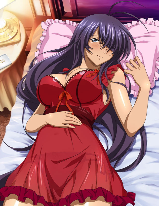 1girl antenna_hair bare_arms bedroom breasts cleavage closed_mouth cowboy_shot dress from_above grey_eyes hair_over_one_eye ikkitousen indoors kan'u_unchou large_breasts long_hair looking_at_viewer lying multi-strapped_panties nightgown on_back on_bed orange_ribbon panties pillow purple_hair red_dress ribbon see-through see-through_dress shiny shiny_hair shiny_skin short_dress side-tie_panties sleeveless sleeveless_dress smile solo underwear very_long_hair