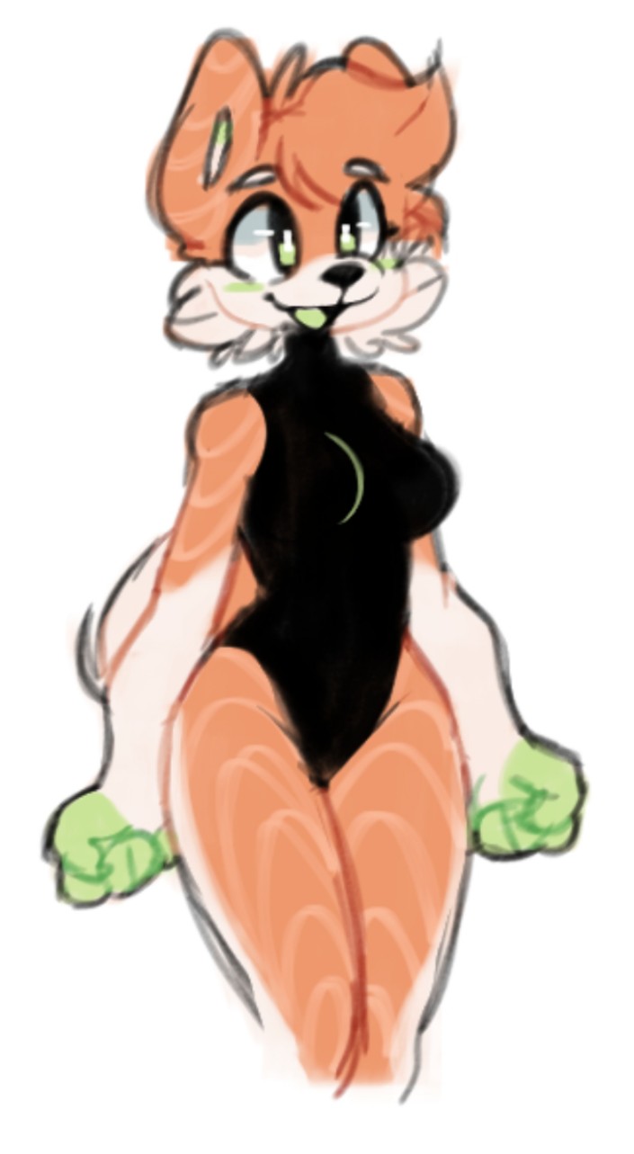 anthro bag_of_lewds black_clothing blush breasts canid canine canis claws clothing domestic_dog ear_markings female food fur green_body green_ears green_eyes green_fur green_tongue hi_res mammal multicolored_body multicolored_ears multicolored_fur open_mouth paws pink_body pink_fur salmon_ears salmon_fur salmon_hair smile solo sushi tan_body tan_ears tan_fur tan_tail teri_(bag_of_lewds) tongue