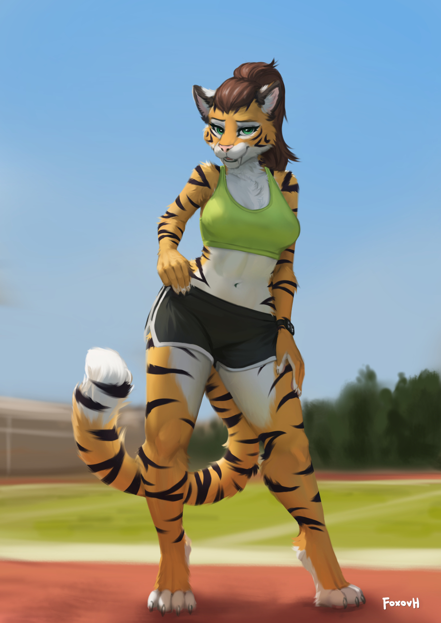 alex_marx anthro bottomwear bra brown_hair clothed clothing fangs felid female field foxovh fully_clothed fur green_eyes gym_bottomwear gym_clothing gym_shorts hair hand_on_hip hi_res mammal midriff orange_body orange_fur outside pantherine ponytail sabertooth_(anatomy) shorts smile solo sports_bra standing striped_body striped_fur stripes teeth tiger track_and_field underwear white_body white_fur