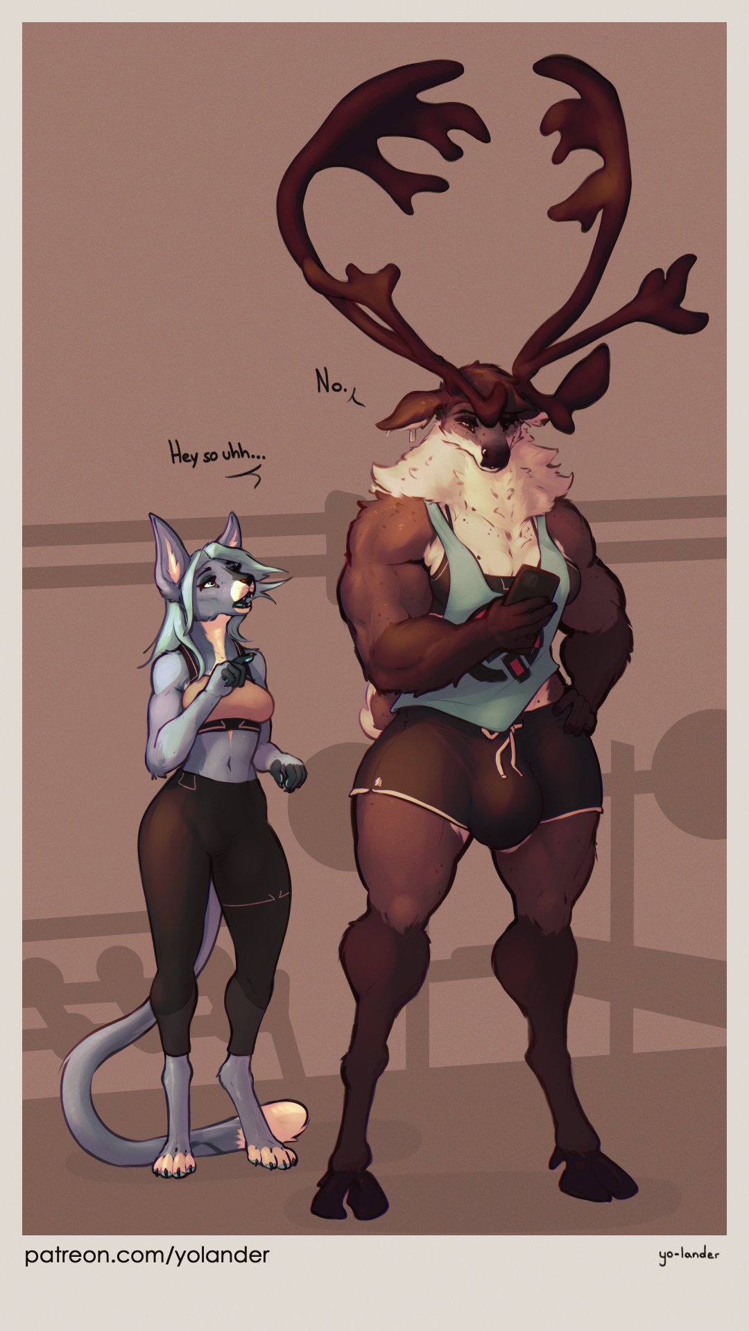 5_fingers 9:16 anthro antlers biceps big_bulge black_hooves black_lips black_nose blue_body blue_eyes blue_fur blue_hair blue_pawpads blue_tongue border bottomwear bra breasts brown_antlers brown_body brown_eyes brown_fur brown_nails brown_nose bulge capreoline cellphone cleavage clothed clothing colored_nails deer dialogue digitigrade dipstick_tail dumbbell duo ear_piercing elbow_tuft english_text female fingerless_(marking) fingers freckles fur gesture gloves_(marking) grey_border gynomorph hair hand_on_hip hi_res holding_cellphone holding_object holding_phone holding_smartphone hooves horn inner_ear_fluff intersex larger_gynomorph larger_intersex leg_markings lips long_hair looking_at_another looking_down looking_up mammal markings midriff multicolored_body multicolored_fur muscular muscular_gynomorph muscular_intersex nails navel neck_tuft open_mouth pants pawpads phone piercing pointing print_clothing print_shirt print_topwear raised_arms reindeer shadow shirt shorts signature size_difference smaller_female smartphone socks_(marking) sports_bra standing tail_markings tank_top teeth text toeless_(marking) tongue topwear tuft two_tone_body two_tone_fur underwear unguligrade url ven_(yo-lander) weights white_body white_fur yo-lander yoga_pants