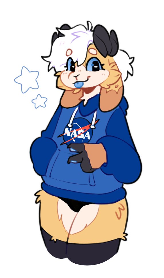anthro bag_of_lewds black_body black_horn blep blue_body blue_clothing blue_sclera bovid canid canine canis caprine claws clothing domestic_dog ear_markings eyelashes fur goat hair hoodie horn horn_markings hybrid legwear long_ears looking_at_viewer mammal marbles_(bag_of_lewds) markings nasa orange_body orange_fur pawpads paws red_clothing smile solo tongue tongue_out topwear underwear white_body white_clothing white_fur white_hair yellow_body yellow_fur