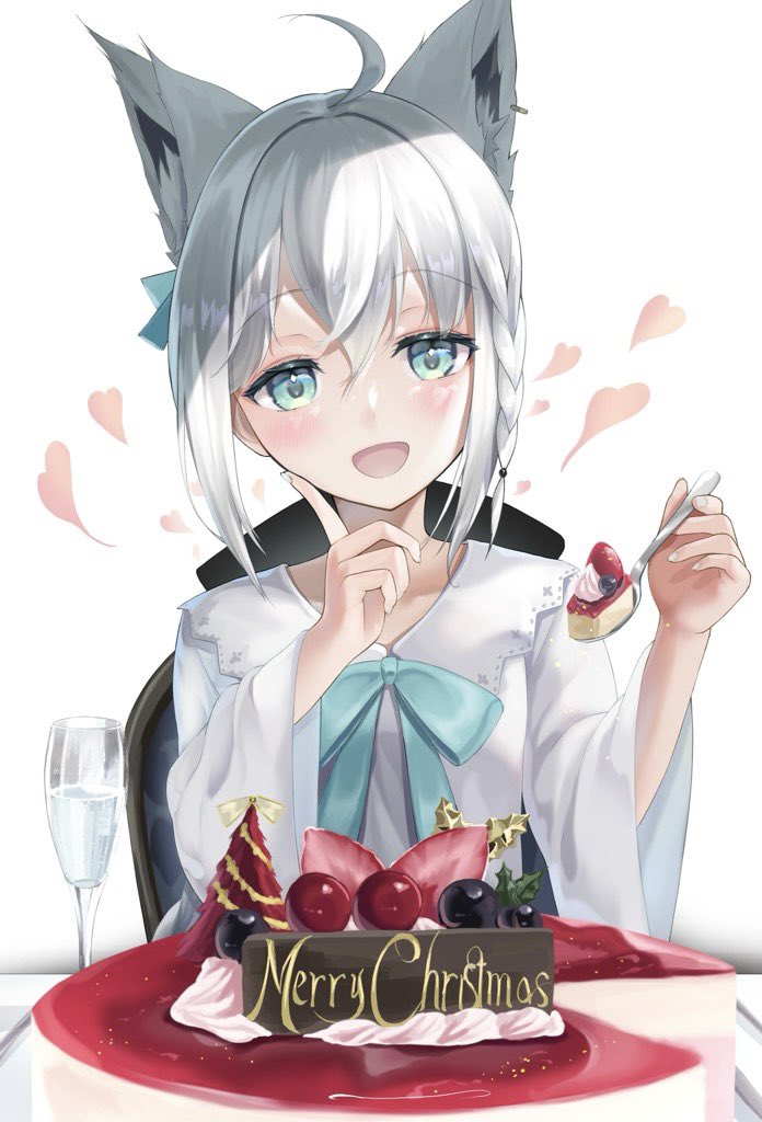 1girl ahoge animal_ear_fluff animal_ears bangs black_bow blush bow braid cake chair commentary_request cup drinking_glass earrings food fox_ears fox_girl green_eyes hair_between_eyes hair_bow heart holding holding_spoon hololive index_finger_raised jewelry long_hair long_sleeves looking_at_viewer merry_christmas open_mouth shirakami_fubuki shirt sidelocks simple_background single_braid sitting solo spoon table virtual_youtuber white_background white_hair white_shirt wine_glass yononaka_iroha