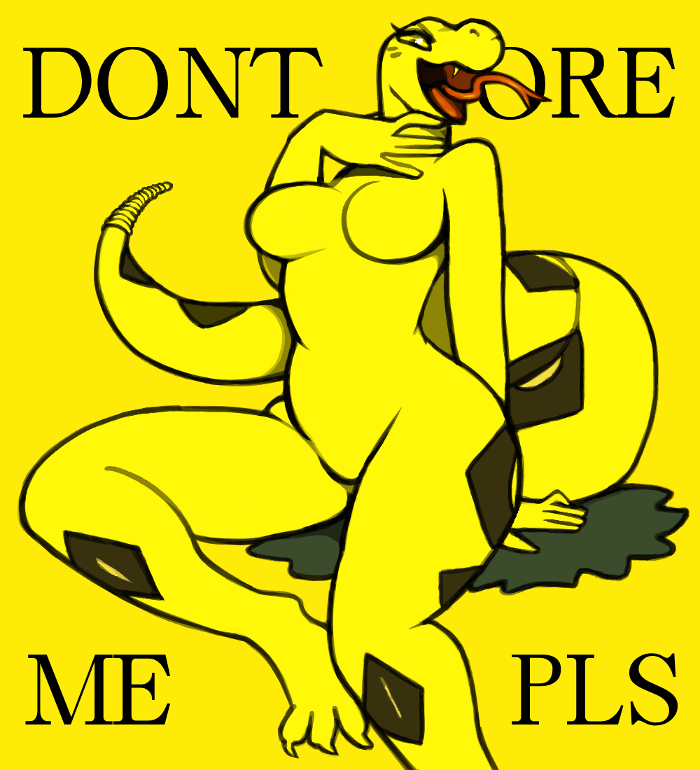 3_toes 5_fingers anthro black_markings breasts digital_media_(artwork) don't_tread_on_me english_text fangs featureless_breasts featureless_crotch feet female fingers forked_tongue front_view hand_on_neck humanoid_hands long_tail looking_at_viewer markings meme non-mammal_breasts nude open_mouth pit_viper plantigrade rattle_(anatomy) rattlesnake red_tongue reptile scalie shyguy9 simple_background sitting smile snake solo teeth text three-quarter_view toes tongue tongue_out viper yellow_background yellow_body yellow_eyes yellow_sclera