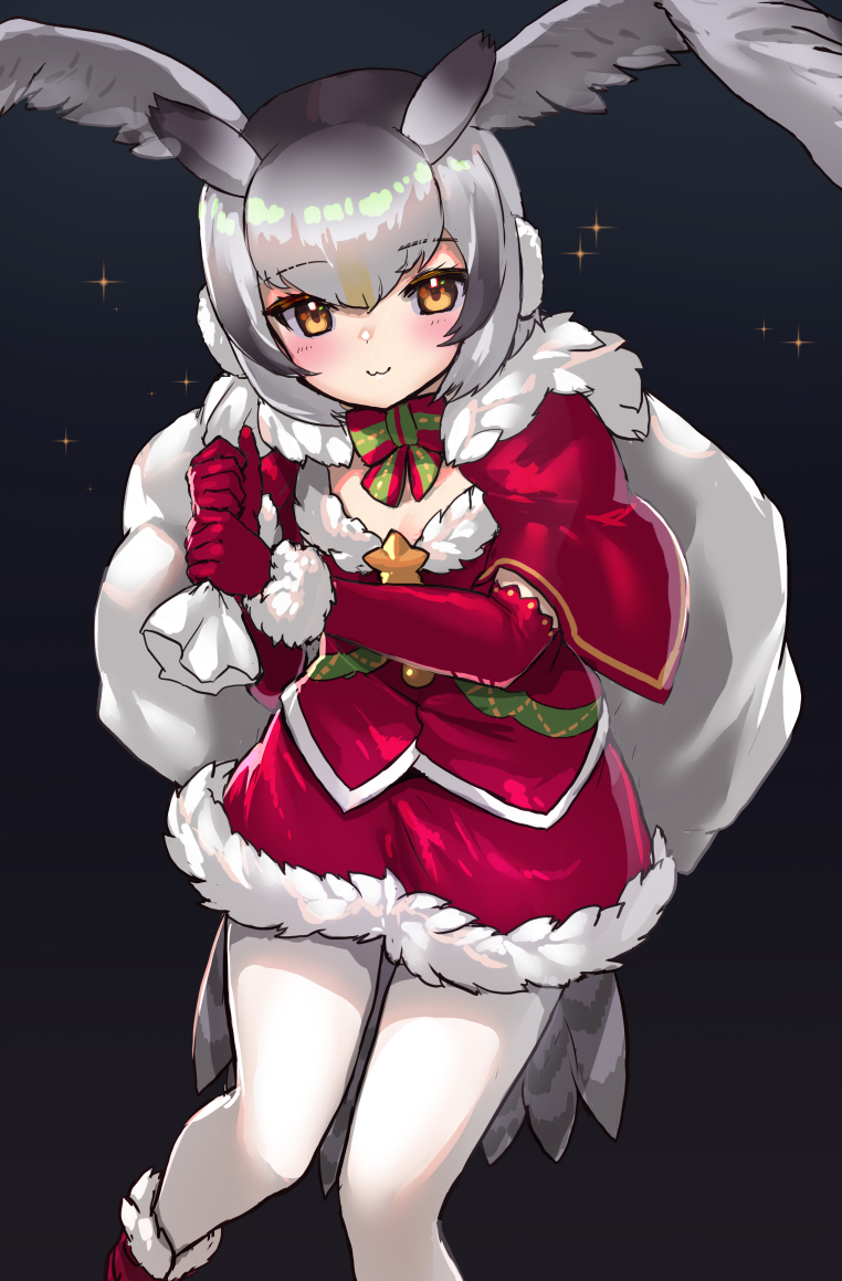 1girl :3 alternate_costume bird_girl bird_tail bird_wings blonde_hair blush bow bowtie capelet christmas commentary_request dress elbow_gloves fur_trim gloves green_bow green_bowtie grey_hair hair_between_eyes head_wings kemono_friends multicolored_hair northern_white-faced_owl_(kemono_friends) orange_eyes owl_ears owl_girl pantyhose red_bow red_bowtie red_capelet red_dress red_gloves sack santa_costume short_hair solo tadano_magu tail two-tone_bowtie white_fur white_pantyhose wings