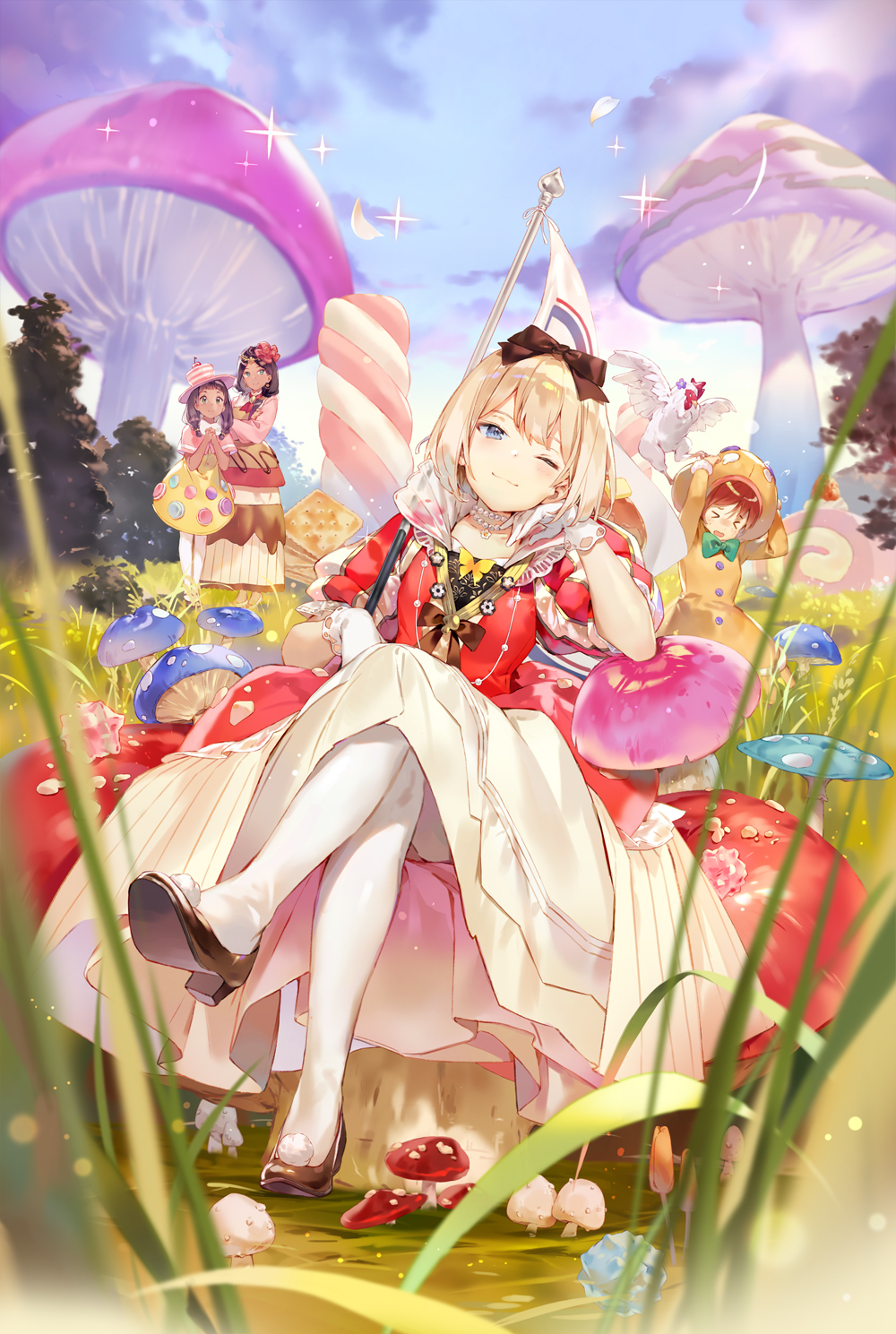 4girls ;) anne_(tearmoon_teikoku_monogatari) arm_rest bird black_bow black_footwear blonde_hair blue_eyes bow butterfly_ornament chicken cracker crossed_legs dress dress_bow field food giant_mushroom gilse gloves green_bow hair_ribbon hand_on_own_cheek hand_on_own_face head_rest high_heels highres jewelry long_dress looking_at_viewer mia_luna_tearmoon multiple_girls mushroom_costume necklace official_art one_eye_closed pantyhose pearl_necklace pom_pom_(clothes) princess red_dress red_mushroom ribbon rooster sitting sitting_on_mushroom smile sparkle sweets tearmoon_teikoku_monogatari white_gloves white_pantyhose
