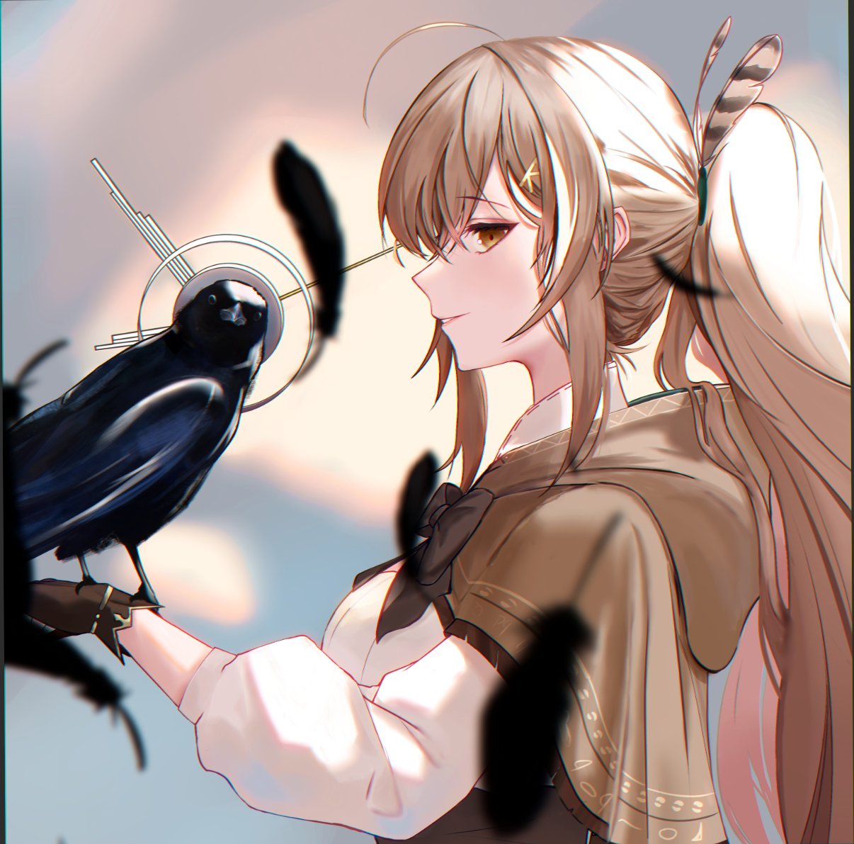 1girl 1other ahoge bangs bird blurry blurry_background brown_capelet brown_cloak brown_corset brown_eyes brown_hair cape capelet cloak cloud cloudy_sky corset crow depth_of_field falling_feathers feather_hair_ornament feathers gloves grin hair_ornament hairclip halo hieroglyphics hololive hololive_english long_hair looking_at_viewer mechanical_halo multicolored_hair nanashi_mumei ouro_kronii ouro_kronii_(crow) ponytail ribbon shirt sky smile streaked_hair very_long_hair virtual_youtuber white_shirt xsilentred