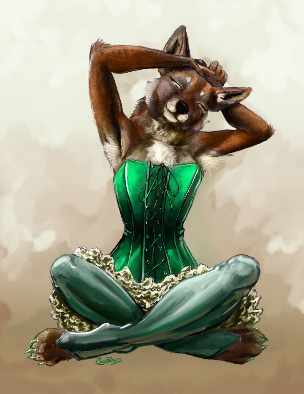 anthro bodice brown_body brown_fur canid canine canis clothing colored_nails coyote coypowers crossed_legs eyes_closed female fur head_tilt hi_res lace leggings legwear mammal nails sitting smile solo tight_clothing tights
