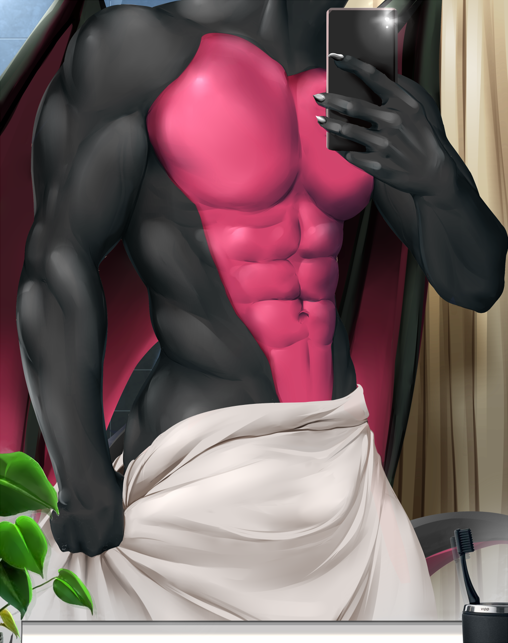 abs anthro bathroom black_body black_scales black_wings cellphone claws dragon hi_res magenta_body magenta_scales magenta_wings male mirror muscular phone reptile scales scalie solo tipsycanvas wings