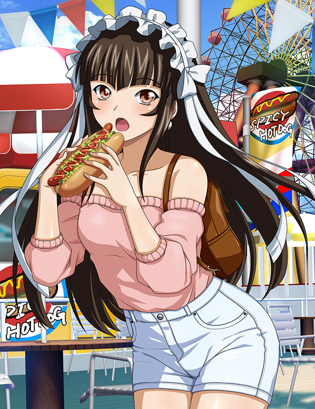 1girl bangs blunt_bangs bow brown_eyes brown_hair collarbone cowboy_shot earrings eating ferris_wheel floating_hair food hair_bow hair_ribbon holding holding_food hot_dog ikkitousen jewelry leaning_forward long_hair magatama magatama_earrings off-shoulder_sweater off_shoulder open_mouth pink_sweater ribbon shiny shiny_hair short_shorts shorts solo standing sweater ten'i_(ikkitousen) very_long_hair white_bow white_ribbon white_shorts