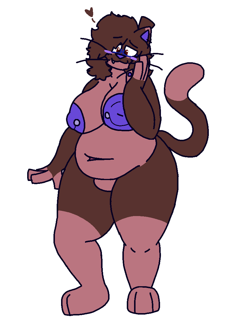 amber_(felineflustered) anthro belly blush breasts brown_body brown_fur domestic_cat ear_piercing eyewear felid feline felineflustered felis fur glasses mammal nipple_piercing nipples nude null_bulge pawpads piercing purple_nipples purple_pawpads solo thick_thighs trans_(lore) trans_woman_(lore)