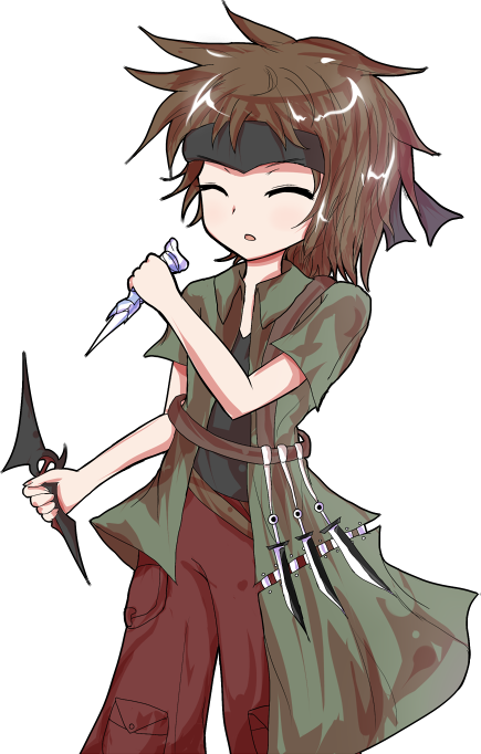 1other alphes_(style) androgynous atoymk black_headband black_shirt brown_hair closed_eyes commentary_request dagger green_shirt headband holding holding_dagger holding_knife holding_weapon knife kurohebi len'en open_clothes open_mouth open_shirt other_focus pants parody pocket red_pants shirt short_hair short_sleeves simple_background solo style_parody transparent_background v-neck weapon