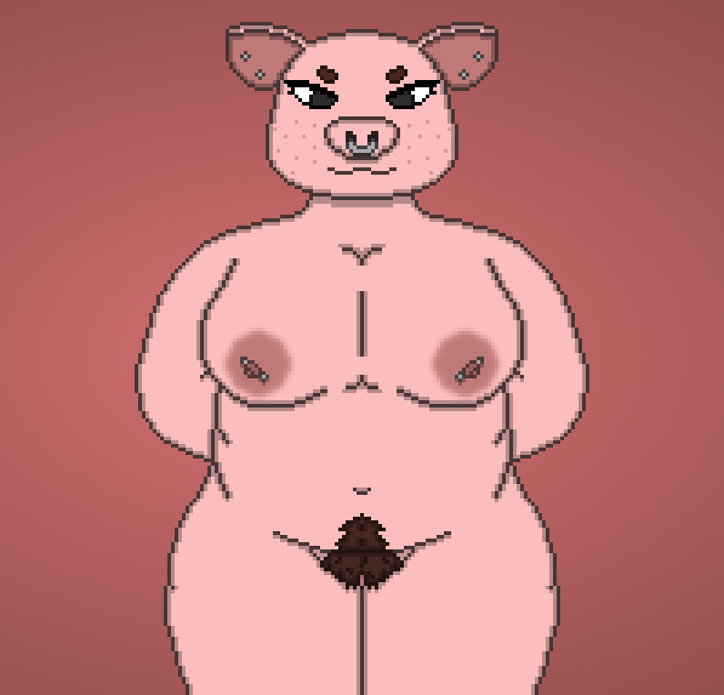 anthro big_breasts breasts domestic_pig ear_piercing eyelashes facial_piercing female freckles freckles_on_face front_view furgonomics furry-specific_piercing hands_behind_back humanoid looking_at_viewer mammal muzzle_piercing nipple_piercing nipples nose_piercing nose_ring piercing pink_body presenting pubes ring_piercing simple_background slightly_chubby slightly_chubby_female smile snout solo solo_focus suid suina sus_(pig) thick_thighs toridiaz