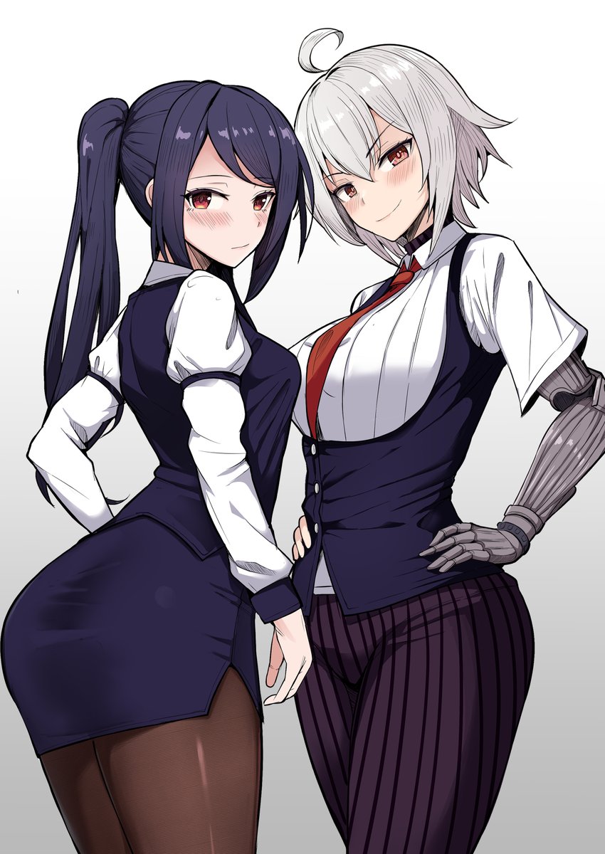 2girls ahoge ass bangs bartender black_hair black_vest blush breasts closed_mouth collared_shirt cowboy_shot dana_zane from_behind grey_hair hands_on_hips highres jill_stingray juliet_sleeves katsuragi_nantoka large_breasts long_hair long_sleeves looking_at_viewer looking_back mechanical_arms medium_breasts multiple_girls necktie pants pantyhose pencil_skirt pinstripe_pants pinstripe_pattern prosthesis prosthetic_arm puffy_sleeves red_eyes red_necktie shirt short_hair short_sleeves sidelocks sideways_glance simple_background single_mechanical_arm skirt smile striped swept_bangs twintails va-11_hall-a vest white_background white_shirt wide_hips