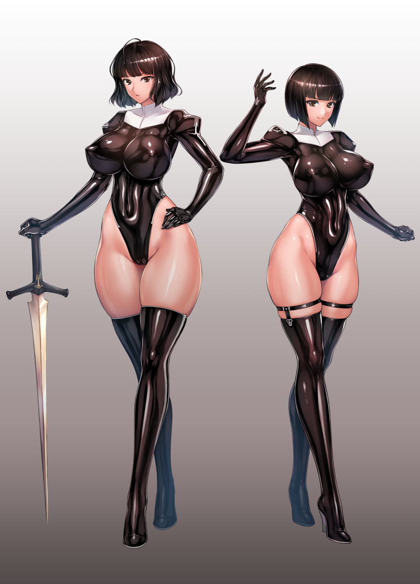 2girls black_hair black_leotard bob_cut boots brown_eyes cameltoe covered_navel covered_nipples full_body high_heel_boots high_heels highleg highleg_leotard impossible_clothes latex leotard looking_at_viewer multiple_girls original rindou_(radical_dream) shiny shiny_clothes short_hair siblings sisters skin_tight sword thick_thighs thigh_boots thighs thong_leotard wavy_hair weapon
