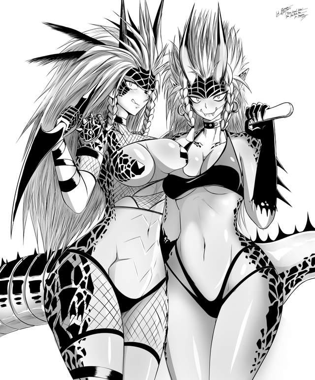 2022 abs anthro bikini bikini_top breast_squish breasts clothed clothing collar duo ear_piercing ear_ring featureless_breasts female female/female fishnet_clothing greyscale hair holding_knife holding_object horn humanoid knife licking licking_lips lok_polymorfa(artist) long_hair monochrome monster navel nipple_outline one-punch_man one_(manga) piercing raptora reptora ring_piercing scales scalie snaggle_tooth squish swimwear tongue tongue_out topless weapon