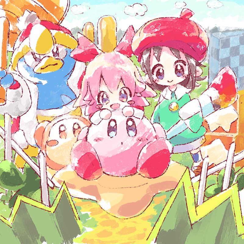 2girls 3boys adeleine beret blue_eyes blue_sky blush_stickers bow cloud fairy fairy_wings fence fur-trimmed_jacket fur_trim grass green_shirt grey_skirt hair_bow hammer hat holding holding_brush holding_hammer jacket king_dedede kirby kirby_(series) kirby_64 kokoroke_(kokoroke46) miniskirt multiple_boys multiple_girls pink_hair red_bow ribbon_(kirby) sash shirt short_hair sitting skirt sky waddle_dee wings