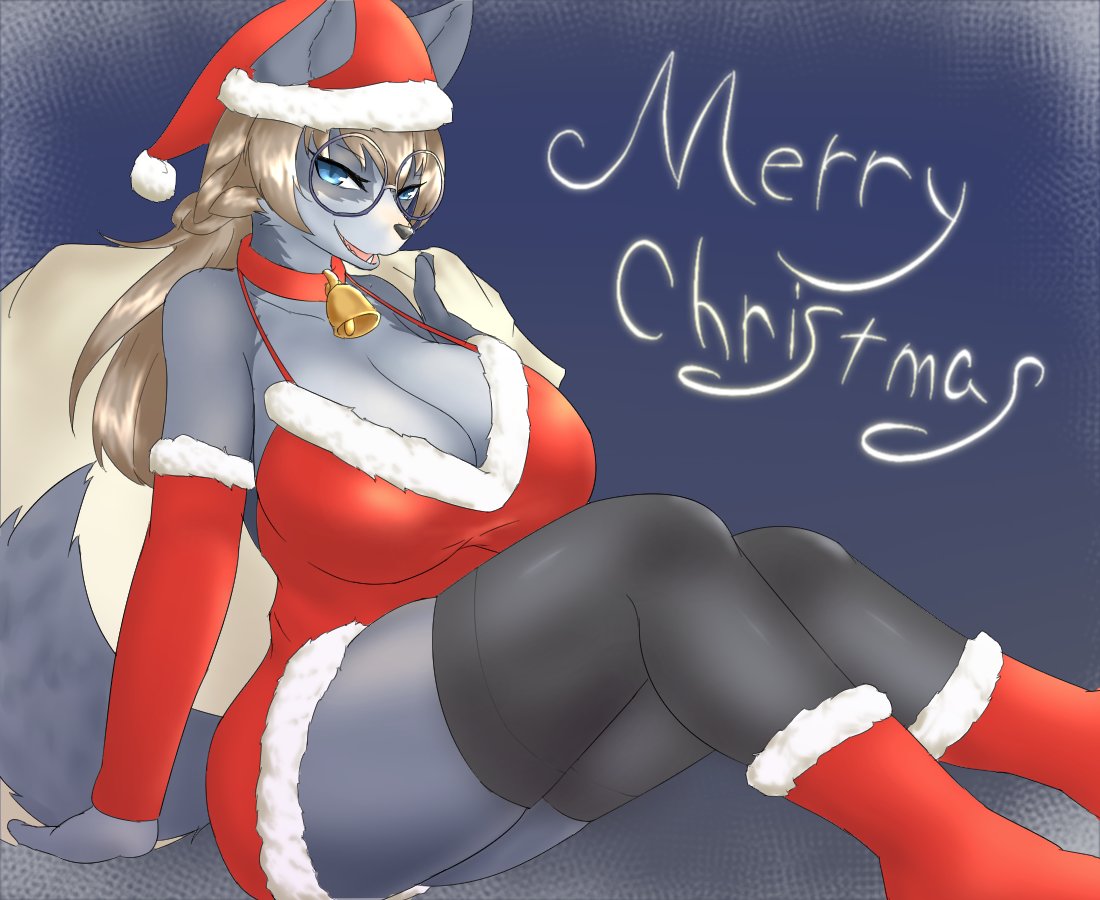 1girl blue_eyes brown_hair christmas_clothes christmas_hat dog furry glasses long_hair open_mouth solo twinx