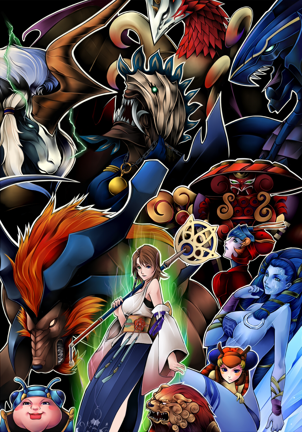 anima_(final_fantasy) bahamut bancho99 bare_shoulders big_breasts blonde_hair blue_eyes blue_hair blue_lips blue_skin breasts brown_hair cindy cleavage daigoro detached_sleeves fangs female final_fantasy final_fantasy_x green_eyes highres horns ifrit ixion japanese_clothes large_breasts lightning long_hair looking_back magus_sisters mindy orange_hair sandy shiva shiva_(final_fantasy) short_hair staff valefor white_hair wings yellow_eyes yojimbo yukichi_(artist) yukichi_(bancho99) yuna