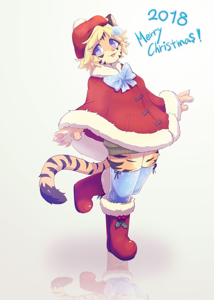 1girl boots christmas_clothes christmas_hat fu-chan furry hanadaiteol open_mouth santa_boots smile solo tiger