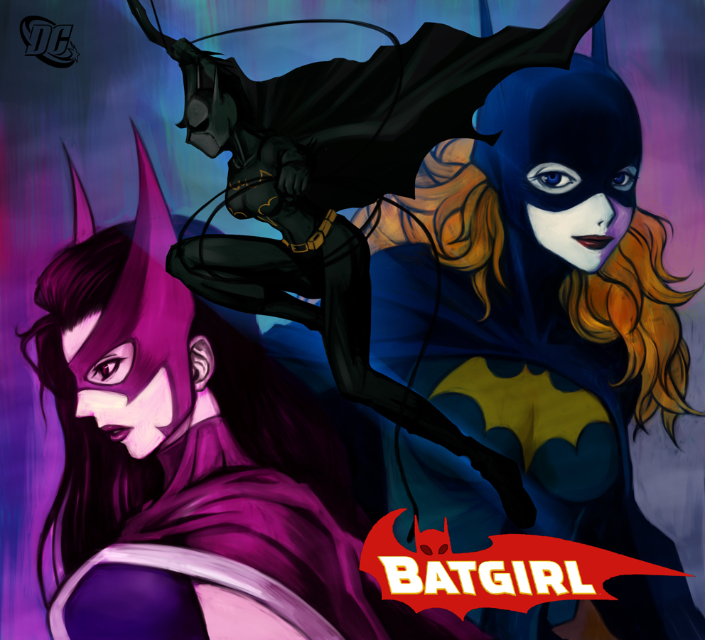 3girls animal_ears arm_up barbara_gordon bat_ears batgirl batman_(series) belt belt_pouch black_hair blue_eyes bodysuit breasts bust cable cape cassandra_cain character_name dc_comics dual_persona fake_animal_ears female from_side gloves halcion helena_bertinelli holding hood huntress huntress_(dc) jumping leg_lift lipstick long_hair looking_afar looking_at_viewer makeup mask multiple_girls orange_hair outstretched_arm parted_lips profile purple_eyes purple_lips purple_lipstick red_lipstick side skin_tight smile spandex turtleneck upper_body utility_belt wavy_hair weapon
