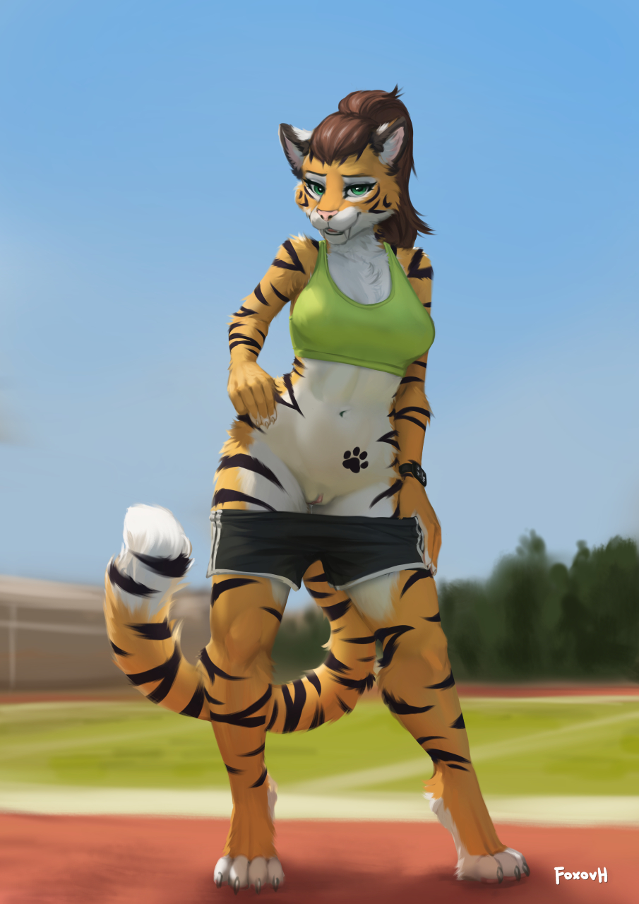 4_toes anthro athletic_wear big_breasts biped bottomwear breasts brown_hair claws clothing cocked_hip countershade_face countershade_thighs countershade_torso countershading digitigrade exposing_pussy fangs feet felid female foxovh fur genitals gym_bottomwear gym_clothing gym_shorts hair hi_res mammal markings pantherine ponytail pussy shorts solo striped_body striped_fur striped_markings striped_tail stripes tail_markings teeth tiger toes topwear undressing