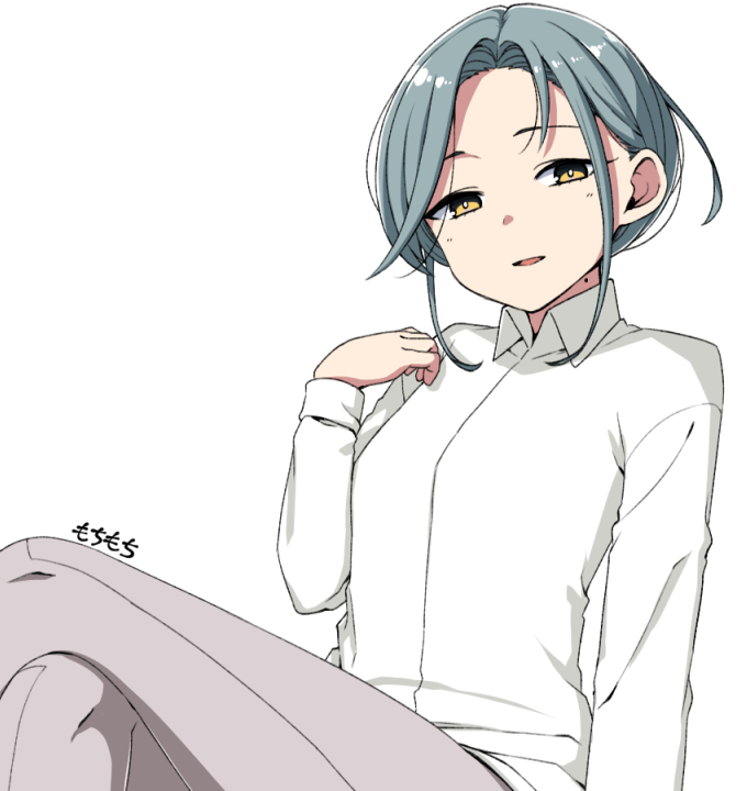 1girl artist_name collared_shirt feet_out_of_frame grey_hair grey_pantyhose kantai_collection long_sleeves mole mole_on_neck moti_coi one-hour_drawing_challenge open_mouth pantyhose shirt short_hair signature simple_background smile solo tamanami_(kancolle) white_background white_shirt yellow_eyes