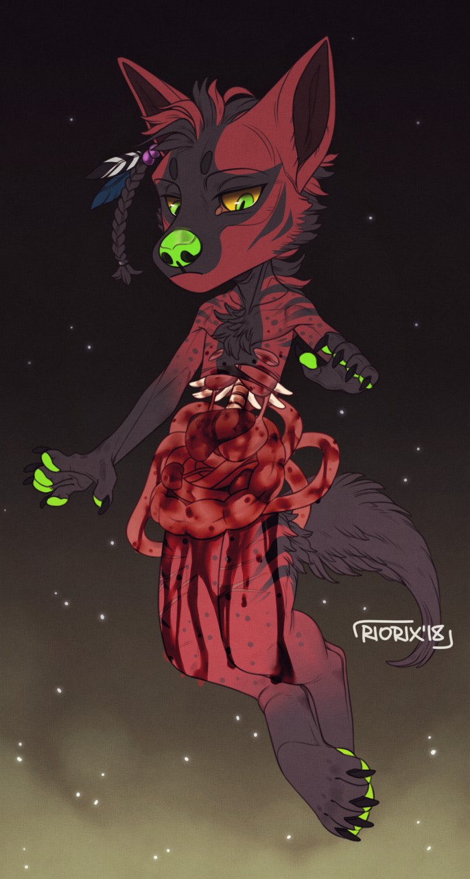 2018 anthro black_body black_claws black_fur blood blood_on_leg bodily_fluids canid cheek_tuft chest_tuft claws dated facial_tuft finger_claws front_view full-length_portrait fur gore green_eyes green_nose green_pawpads guts head_tuft hi_res male mammal mouth_closed narrowed_eyes nude organs pawpads portrait red_body red_fur rib_cage riorix signature simple_background solo striped_legs toe_claws tuft yellow_sclera