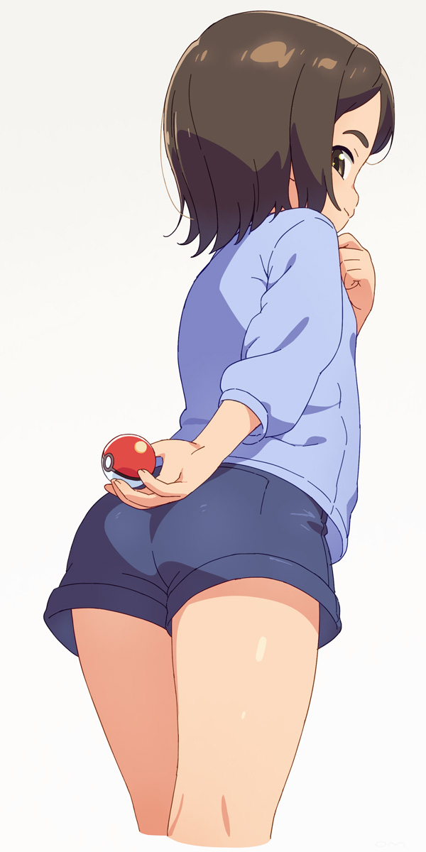 1girl ass bangs blue_shirt blue_shorts brown_eyes brown_hair closed_mouth commentary cropped_legs flat_chest from_behind gradient gradient_background grey_background gym_trainer_(pokemon) half-closed_eyes hand_up happy highres holding holding_poke_ball kneepits long_sleeves looking_at_viewer om_(nk2007) poke_ball poke_ball_(basic) pokemon pokemon_(game) pokemon_sv shiny shiny_hair shirt short_hair short_shorts shorts sidelocks simple_background smile solo standing thighs