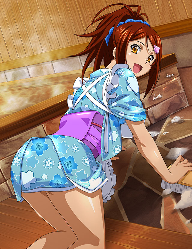 1girl :d all_fours apron bachou_mouki bangs blue_kimono blue_scrunchie brown_eyes brown_hair cleaning dutch_angle floral_print hair_ornament hair_scrunchie hairclip high_ponytail ikkitousen indoors japanese_clothes kimono long_hair open_mouth parted_bangs print_kimono scrunchie shiny shiny_hair shiny_skin short_kimono smile solo white_apron