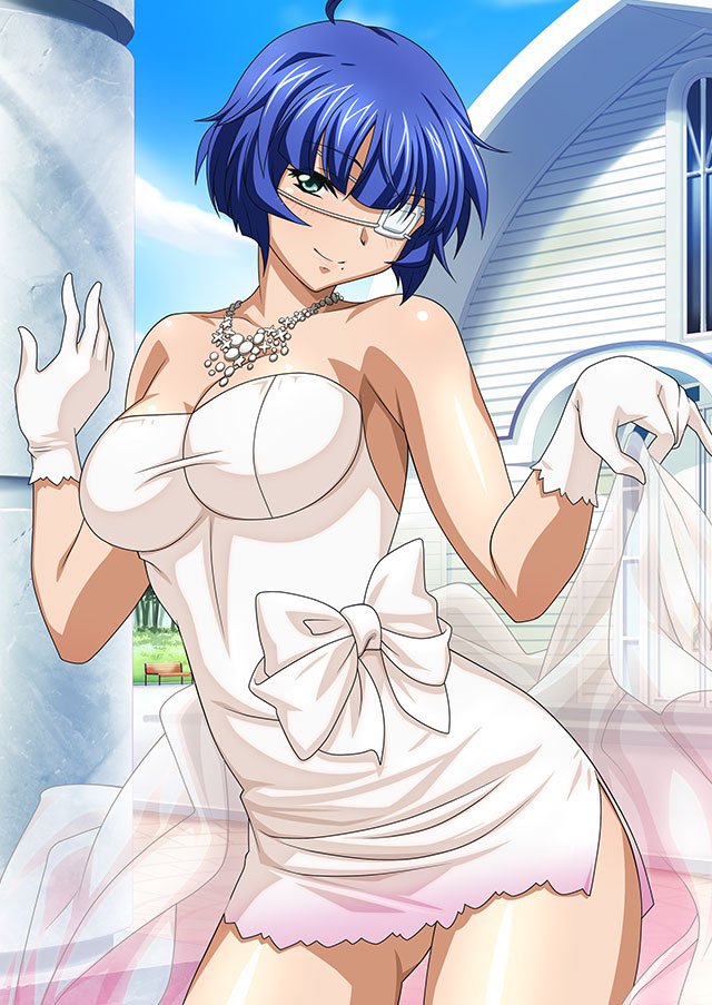 1girl ahoge ass_visible_through_thighs bangs blue_hair blue_sky blunt_bangs bow breasts cleavage closed_mouth collarbone day dress eyepatch gloves green_eyes head_tilt ikkitousen large_breasts looking_at_viewer mole mole_under_mouth outdoors ryomou_shimei shiny shiny_hair short_dress short_hair side_slit sky smile solo strapless strapless_dress sunlight wedding_dress white_bow white_dress white_gloves